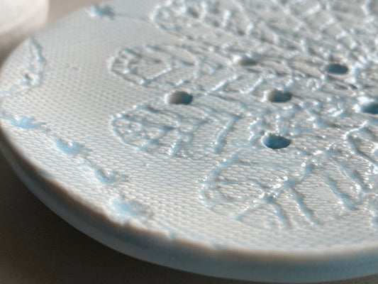 Handmade Soap Dish with Vintage Crochet Shawl Pattern baby blue