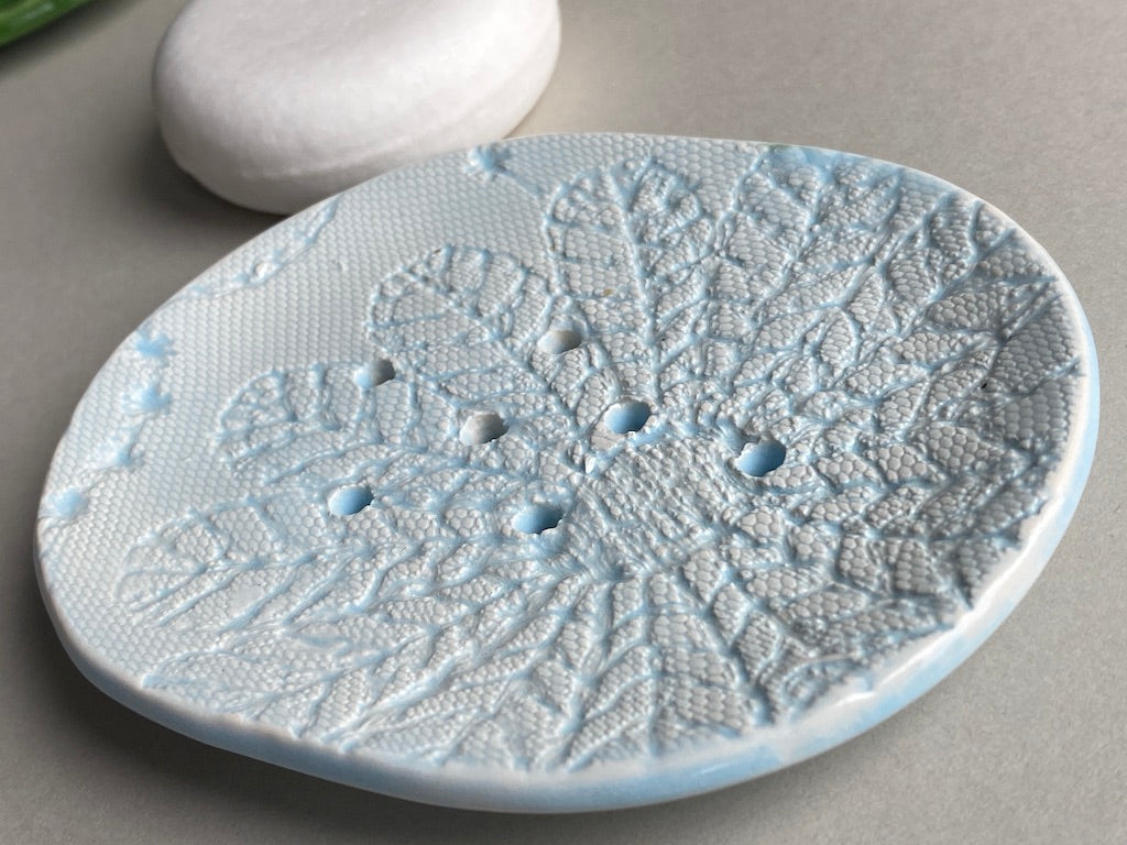Handmade Soap Dish with Vintage Crochet Shawl Pattern baby blue