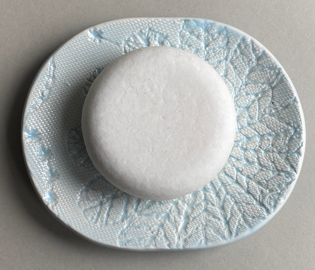 Handmade Soap Dish with Vintage Crochet Shawl Pattern baby blue