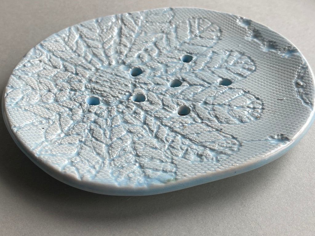 Handmade Soap Dish with Vintage Crochet Shawl Pattern baby blue