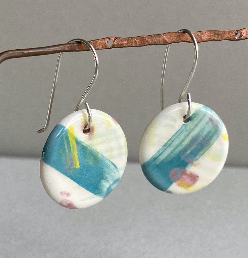 Handmade Ceramic Coastal Dangle Earrings - Teal and Lemon