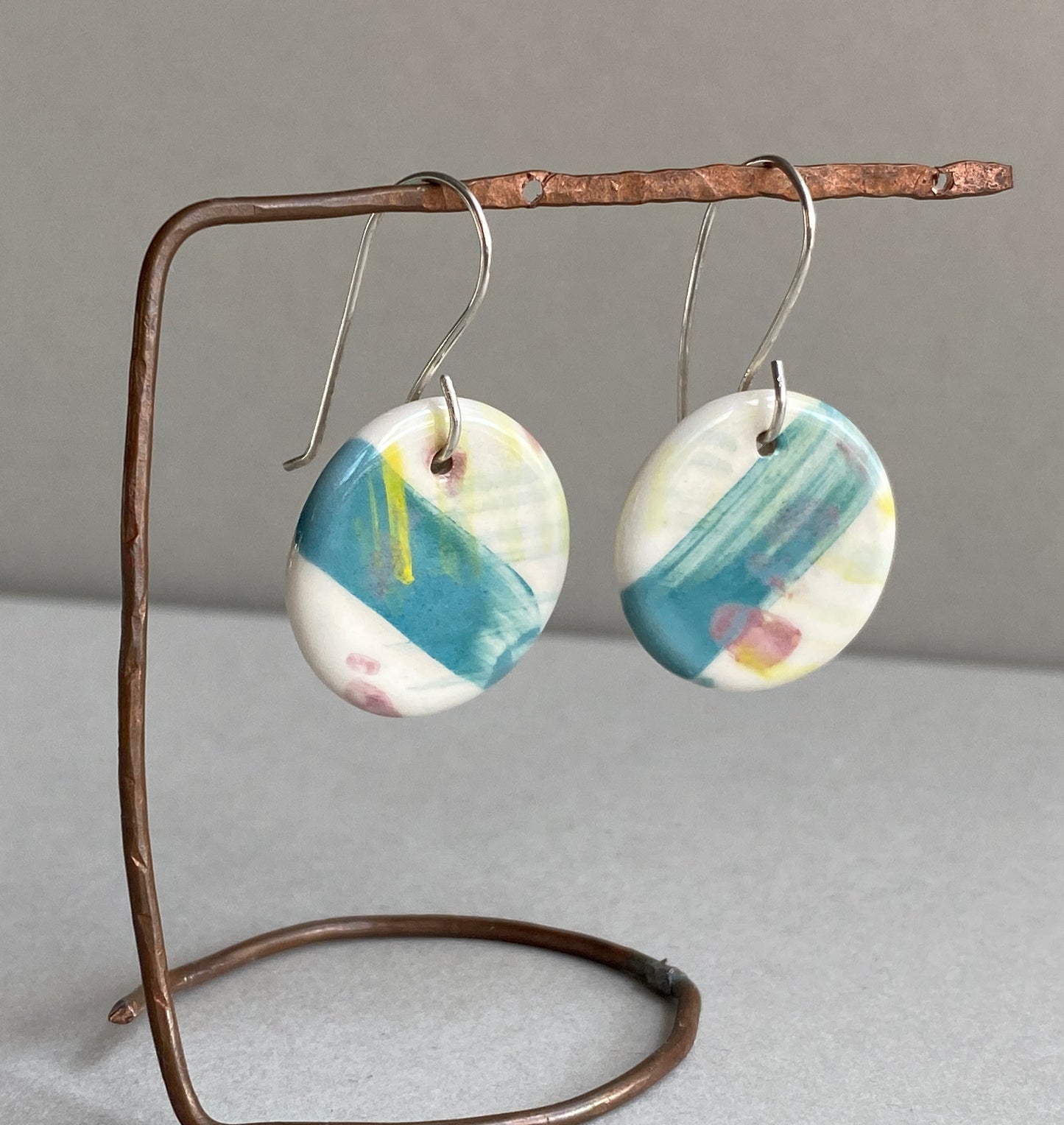 Handmade Ceramic Coastal Dangle Earrings - Teal and Lemon