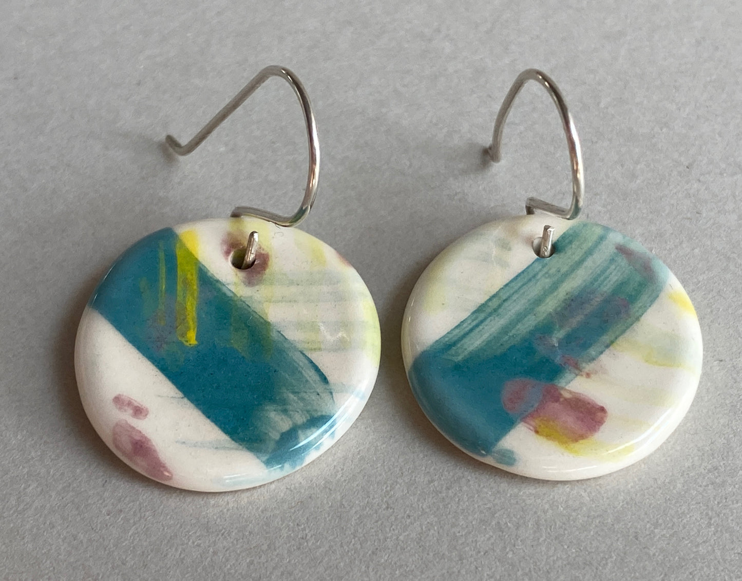 Handmade Ceramic Coastal Dangle Earrings - Teal and Lemon