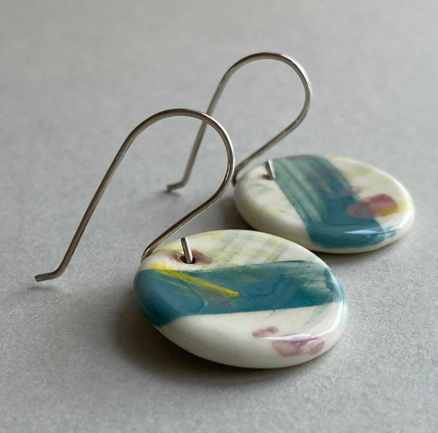 Handmade Ceramic Coastal Dangle Earrings - Teal and Lemon