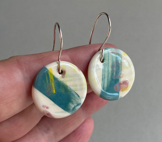 Handmade Ceramic Coastal Dangle Earrings - Teal and Lemon