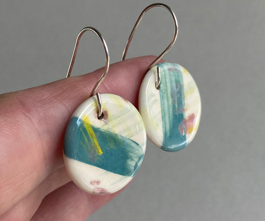 Handmade Ceramic Coastal Dangle Earrings - Teal and Lemon