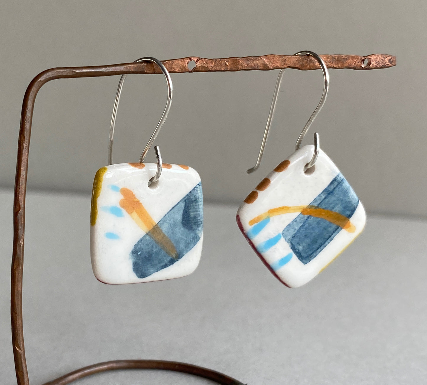 Handmade Ceramic Coastal Dangle Earrings - Navy Blue Glaze