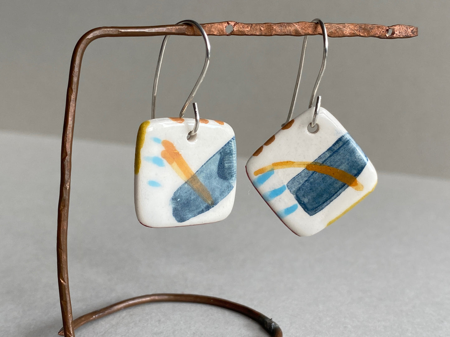 Handmade Ceramic Coastal Dangle Earrings - Navy Blue Glaze