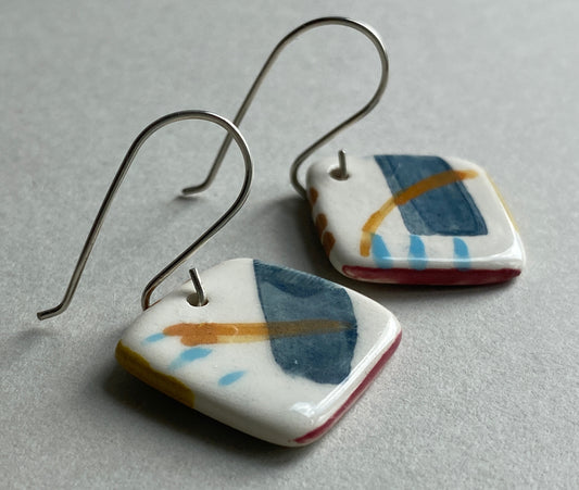 Handmade Ceramic Coastal Dangle Earrings - Navy Blue Glaze