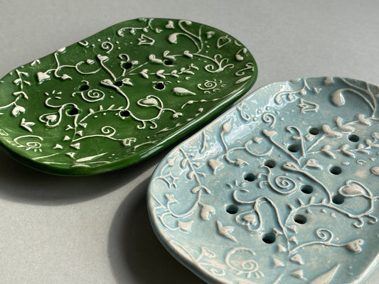 Handmade Oval Ceramic Botanical Soap Dishes large