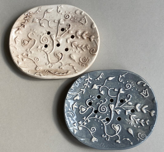 Handmade Oval Ceramic Botanical Soap Dishes choice of Two Colours
