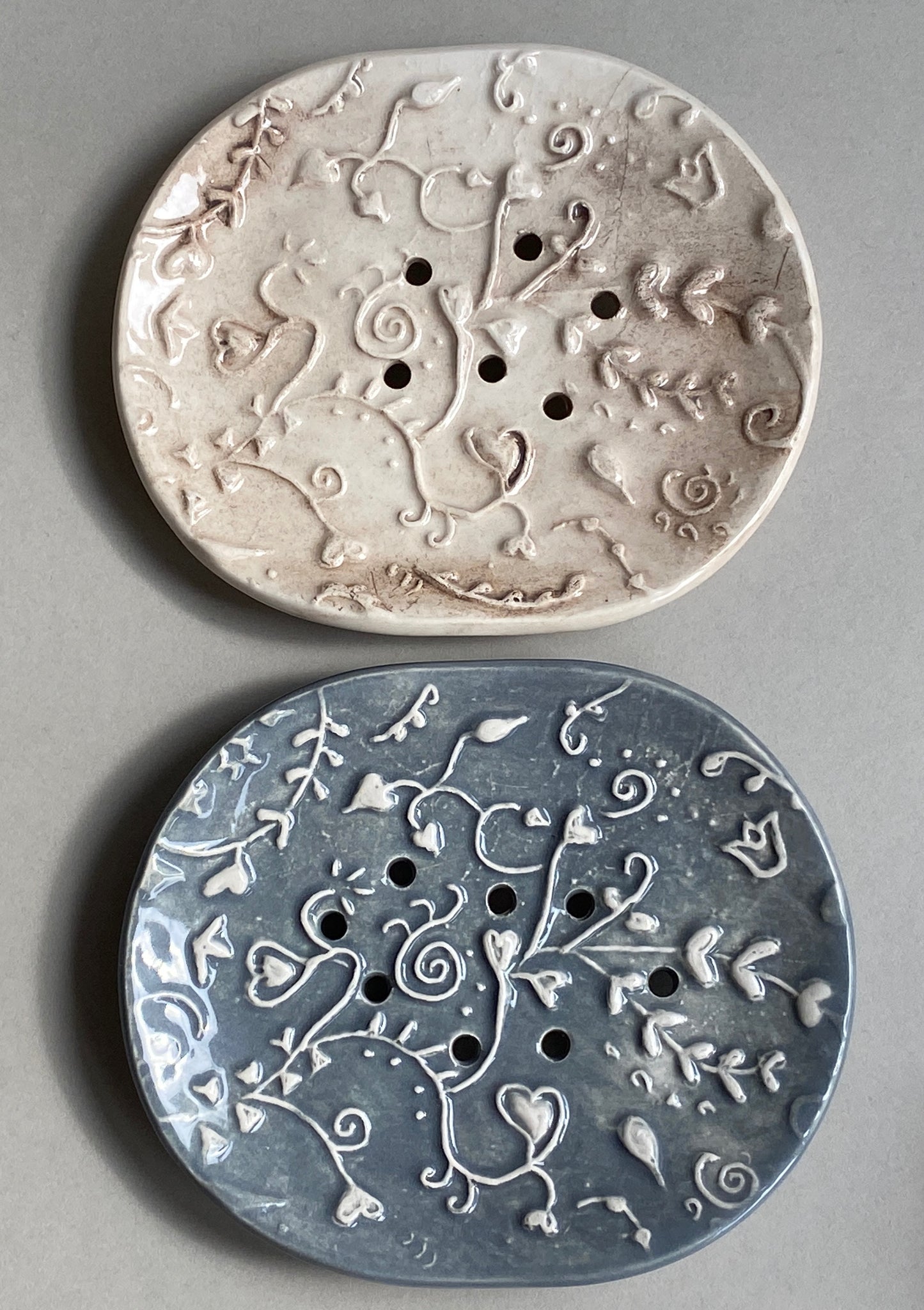 Handmade Oval Ceramic Botanical Soap Dishes choice of Two Colours