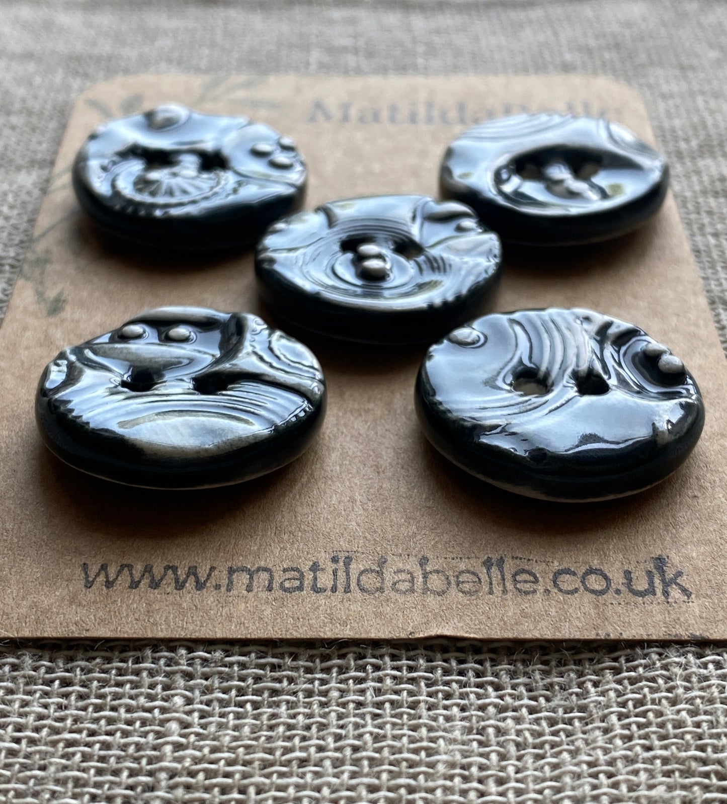 26mm set of 5 Round Vintage Black Ceramic Buttons