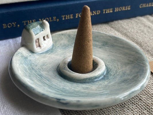 Handmade Ceramic Cottage Incense Holder Green roof