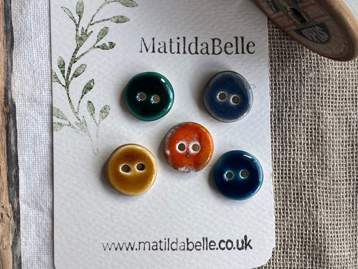 Mixed Colour Handmade Ceramic Buttons, Set of 5, 17mm