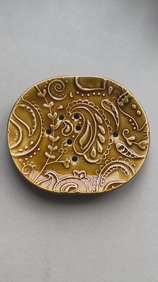Soap Dish Handmade Ceramic -Paisley design Amber colour