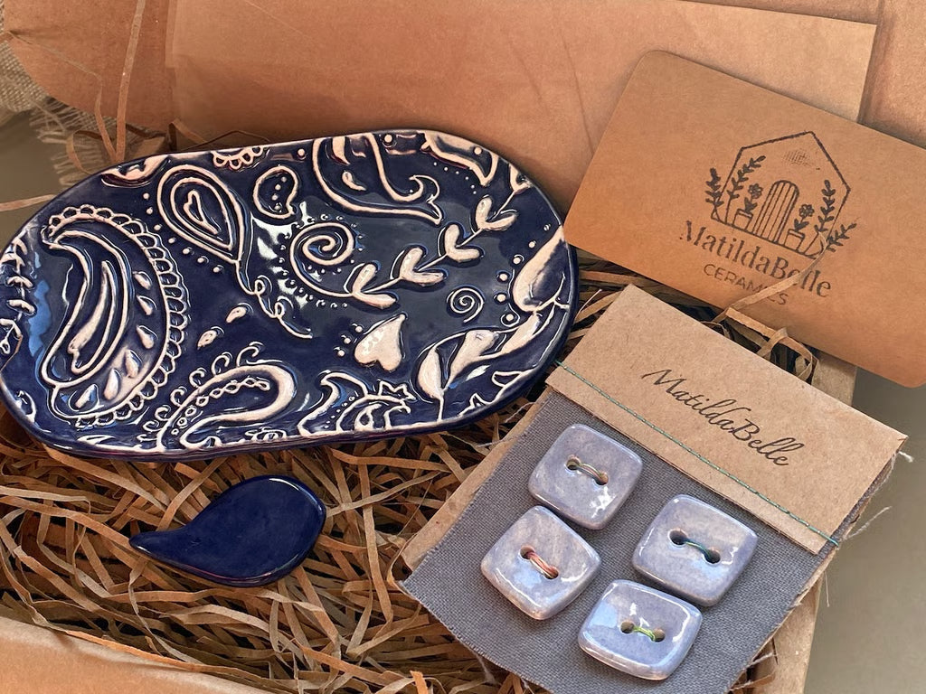 Pottery trinket tray-Needle Minder- Handmade Pottery Buttons Gift Box