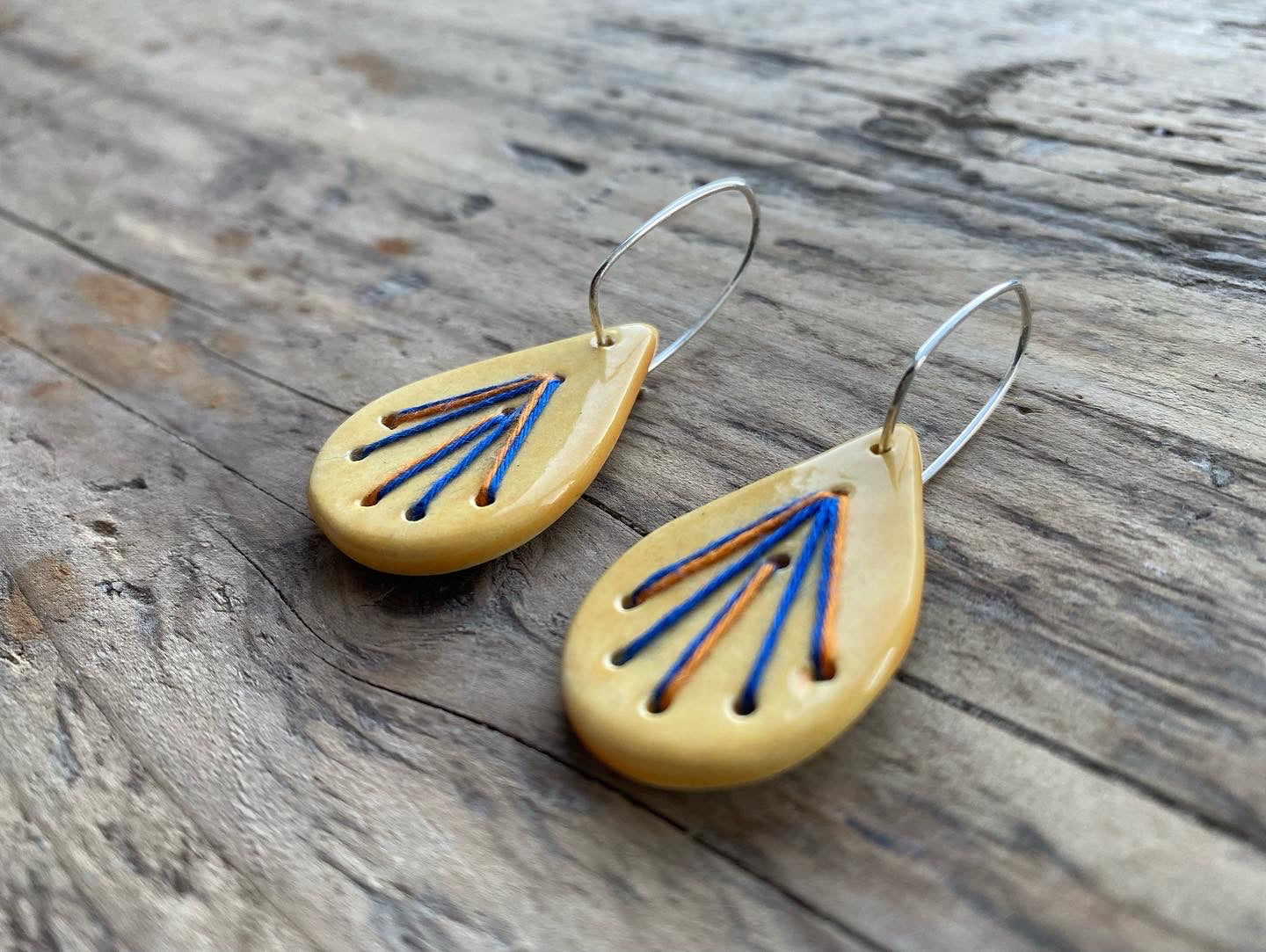 Cotton & Clay handmade Ceramic Earrings with stitched element