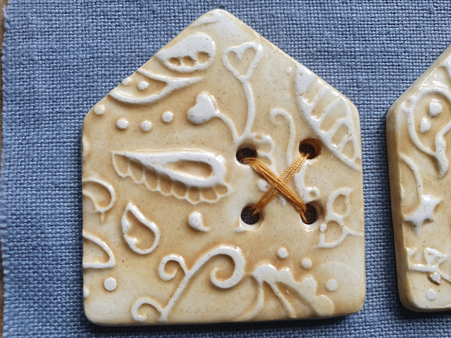 Two Ceramic Paisley HouseCeramic Buttons in Ochre