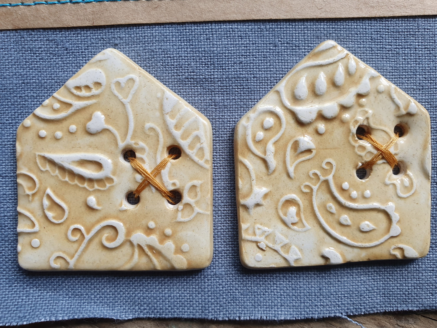 Two Ceramic Paisley HouseCeramic Buttons in Ochre