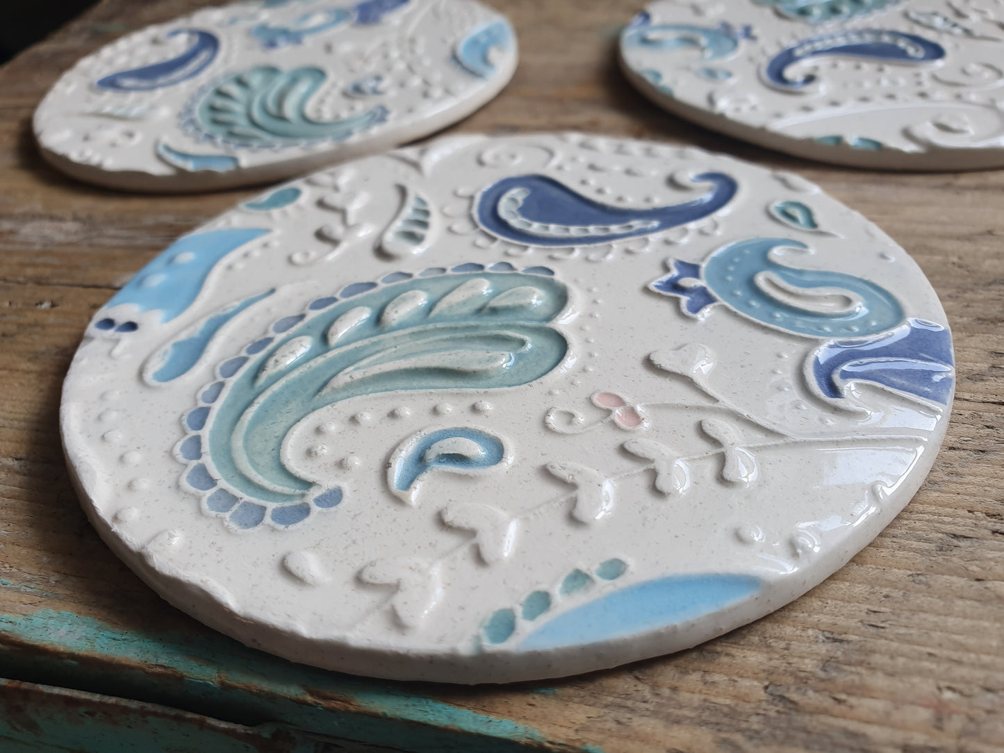 Stunning set of Four Handmade Ceramic Paisley Coasters