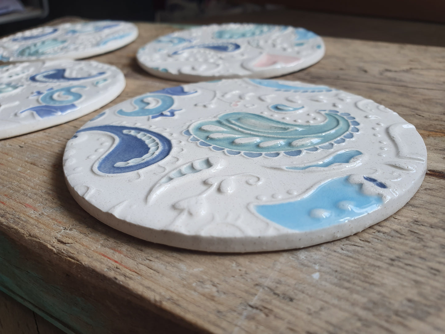 Stunning set of Four Handmade Ceramic Paisley Coasters