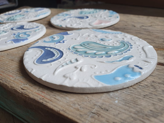 Stunning set of Four Handmade Ceramic Paisley Coasters