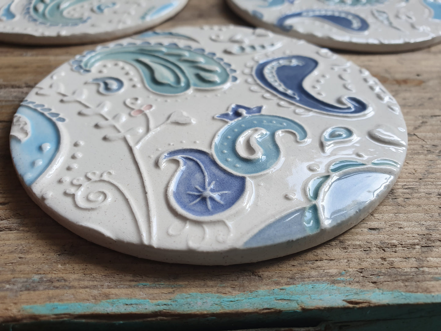 Stunning set of Four Handmade Ceramic Paisley Coasters