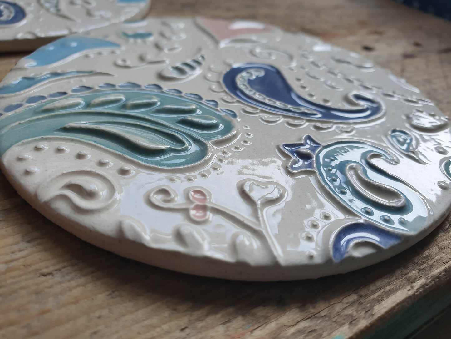 Stunning set of Four Handmade Ceramic Paisley Coasters