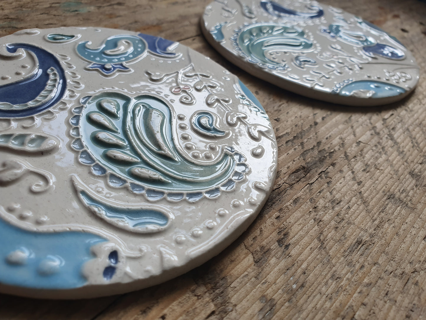 Stunning set of Four Handmade Ceramic Paisley Coasters