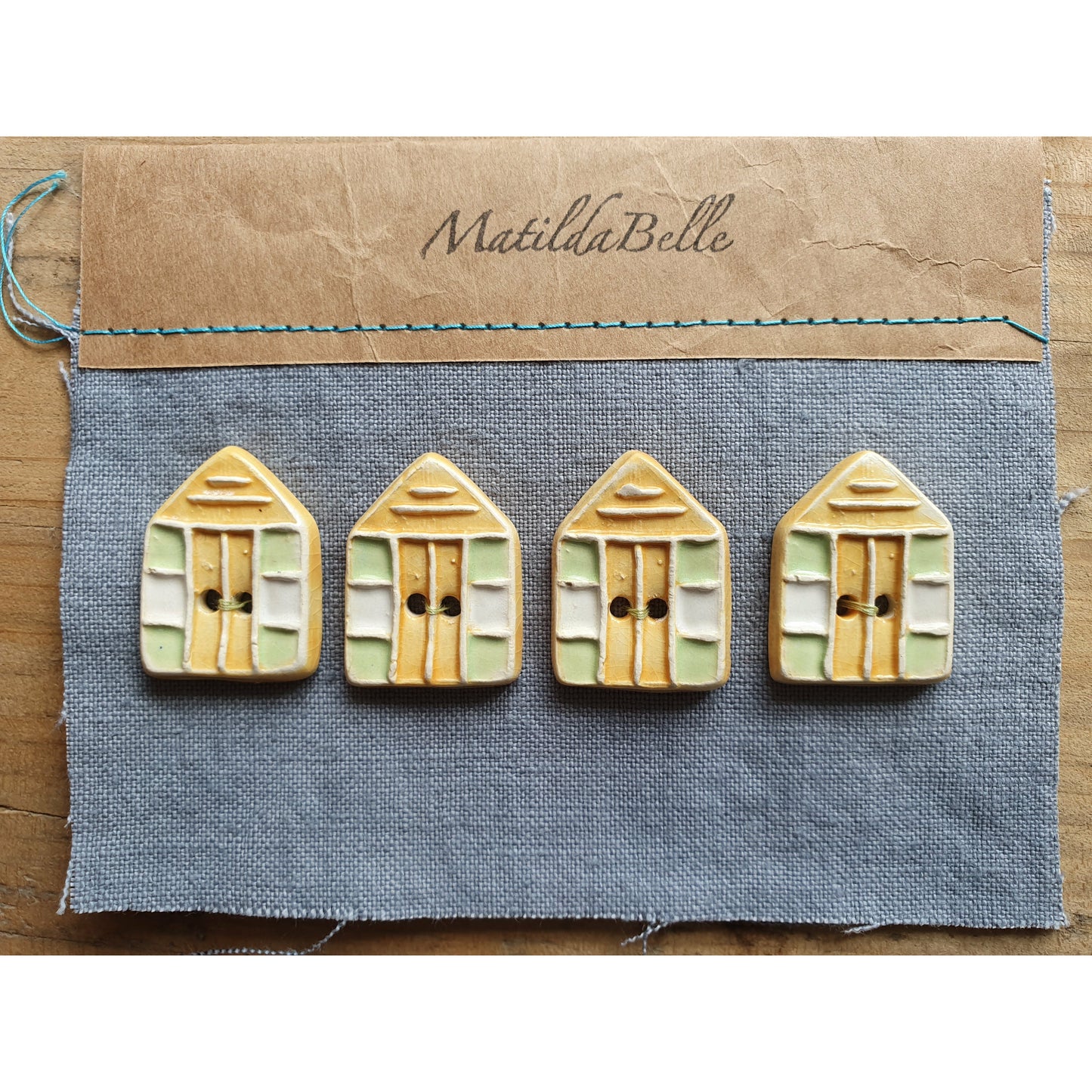 Set of Four Handmade Ceramic Beach Hut Buttons 30mmx20mm