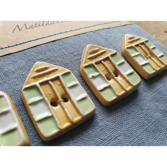 Set of Four Handmade Ceramic Beach Hut Buttons 30mmx20mm