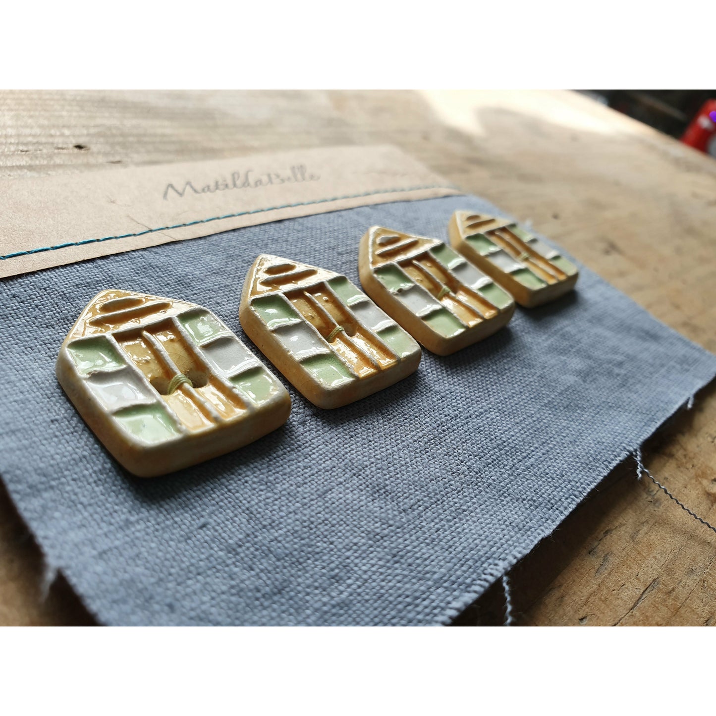Set of Four Handmade Ceramic Beach Hut Buttons 30mmx20mm