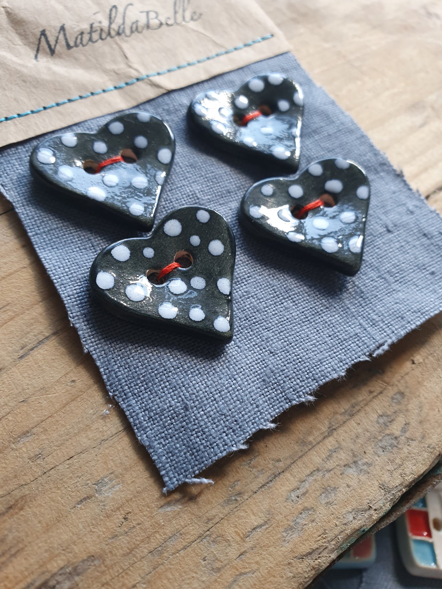 Set of Four Heart Polka Dot Buttons Glazed in Black