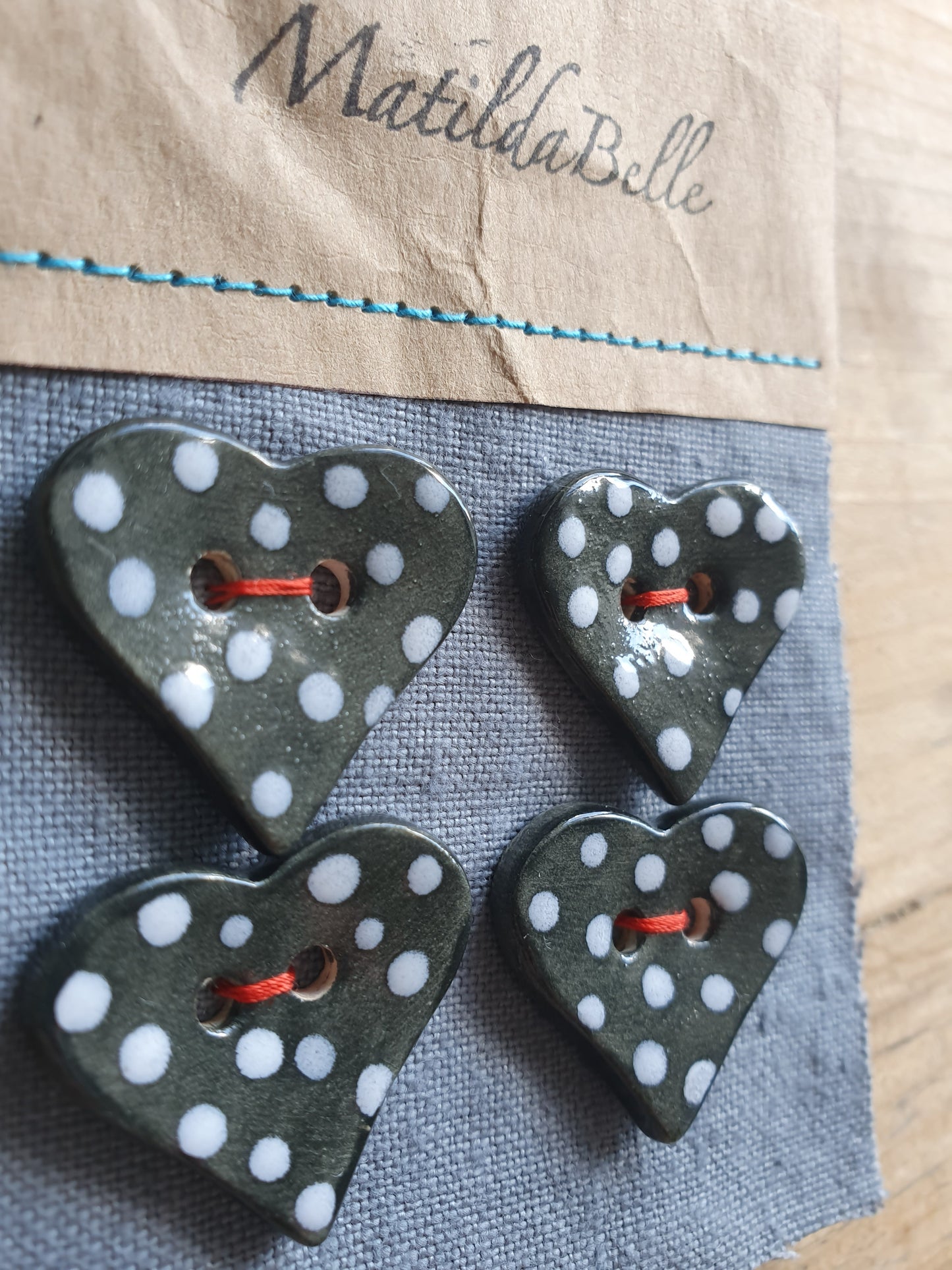 Set of Four Heart Polka Dot Buttons Glazed in Black