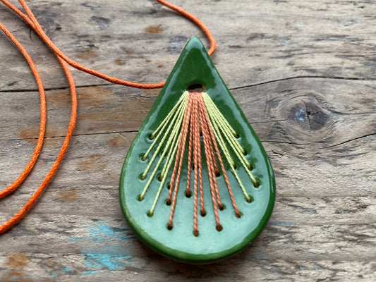 Handmade Ceramic Teardrop Pendant Necklace Rich Green