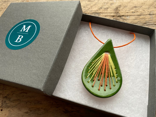 Handmade Ceramic Teardrop Pendant Necklace Rich Green