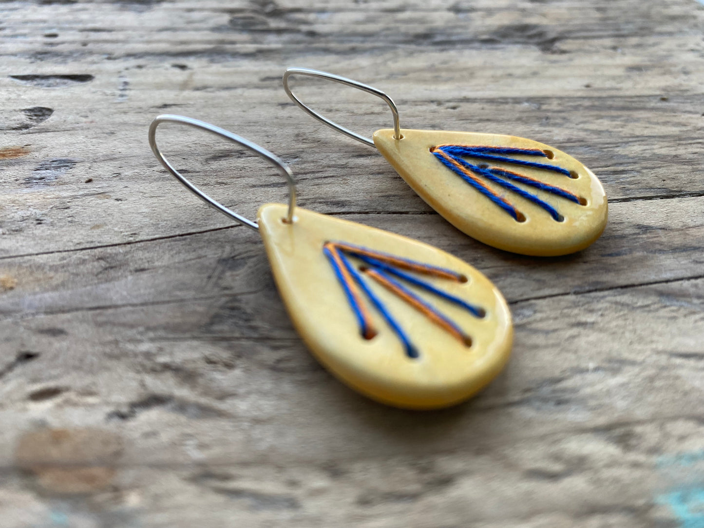 Cotton & Clay handmade Ceramic Earrings with stitched element