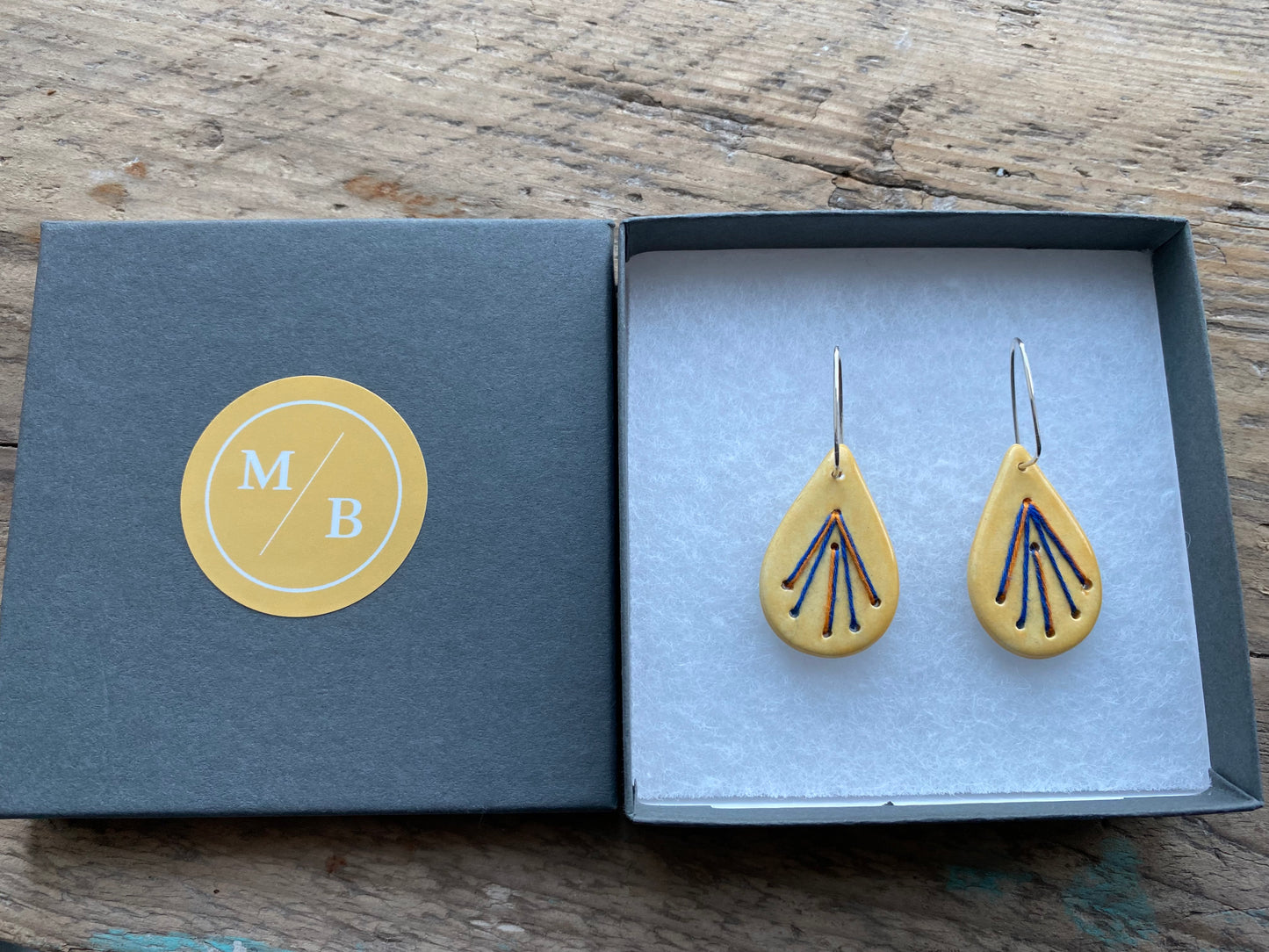 Cotton & Clay handmade Ceramic Earrings with stitched element