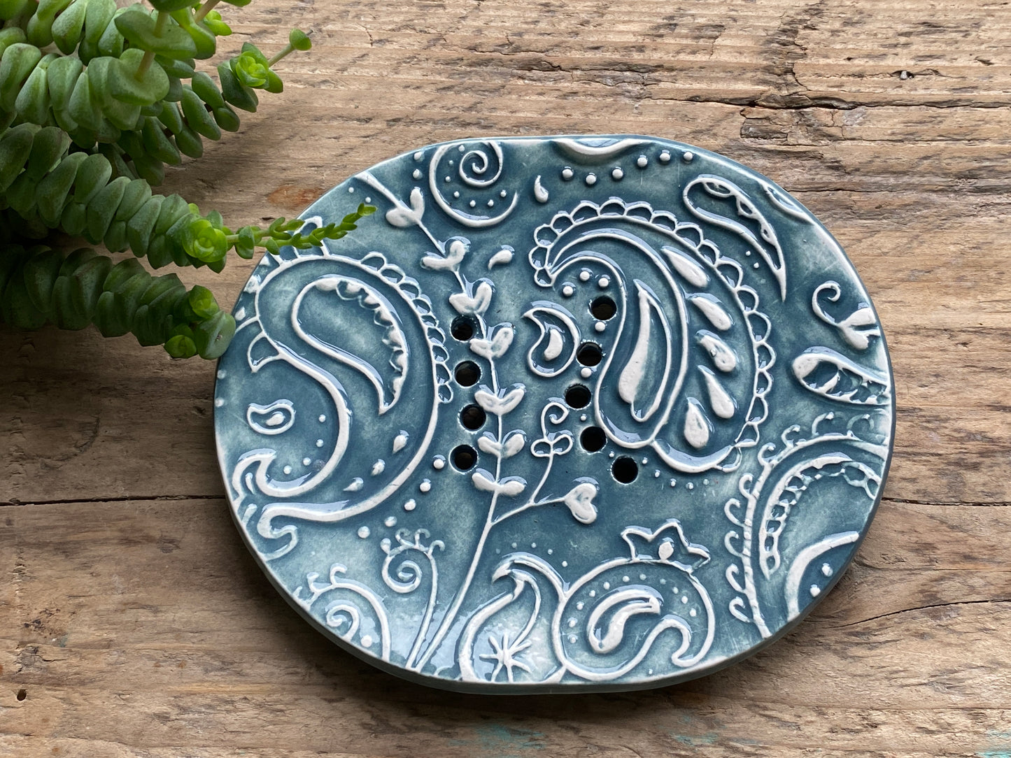 Handmade Ceramic Blue Paisley Soap Dish