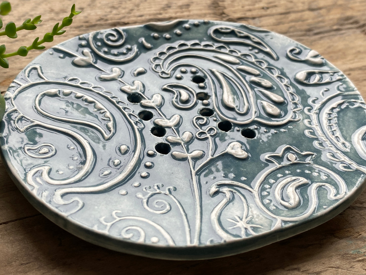 Handmade Ceramic Blue Paisley Soap Dish