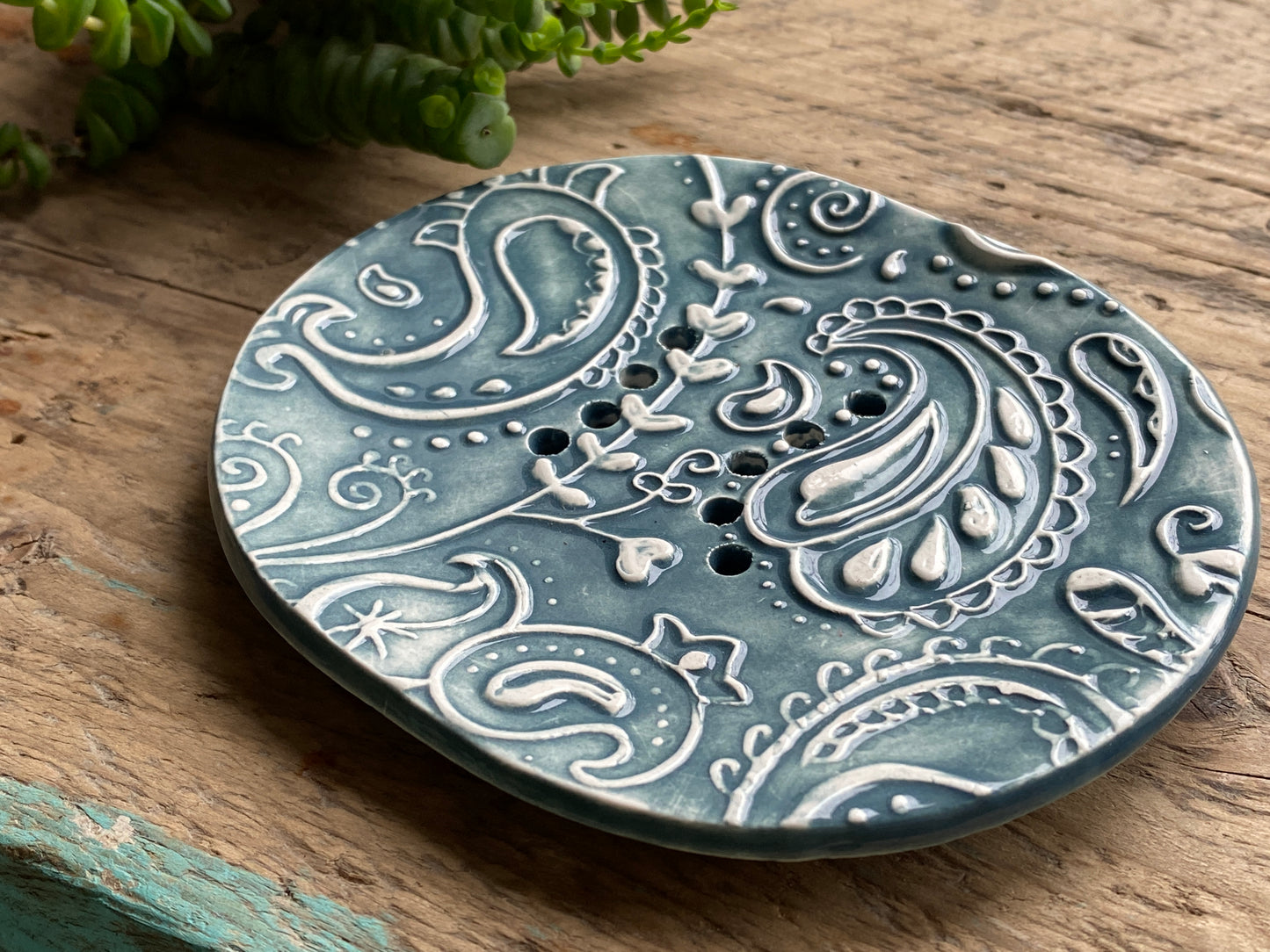 Handmade Ceramic Blue Paisley Soap Dish