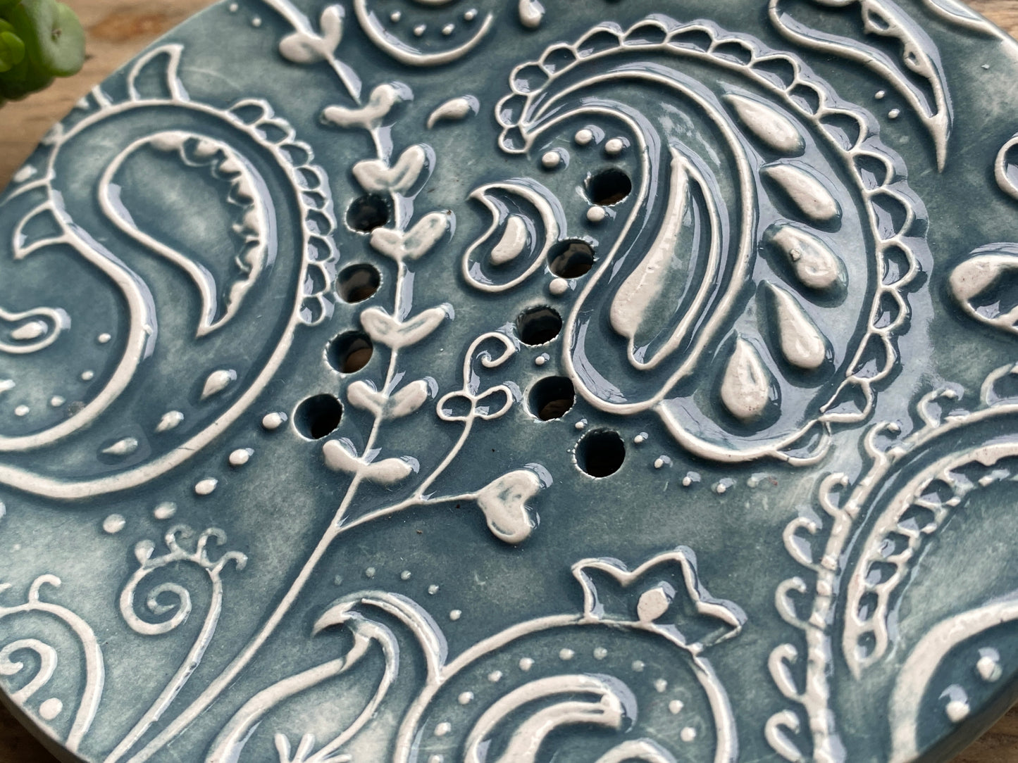 Handmade Ceramic Blue Paisley Soap Dish