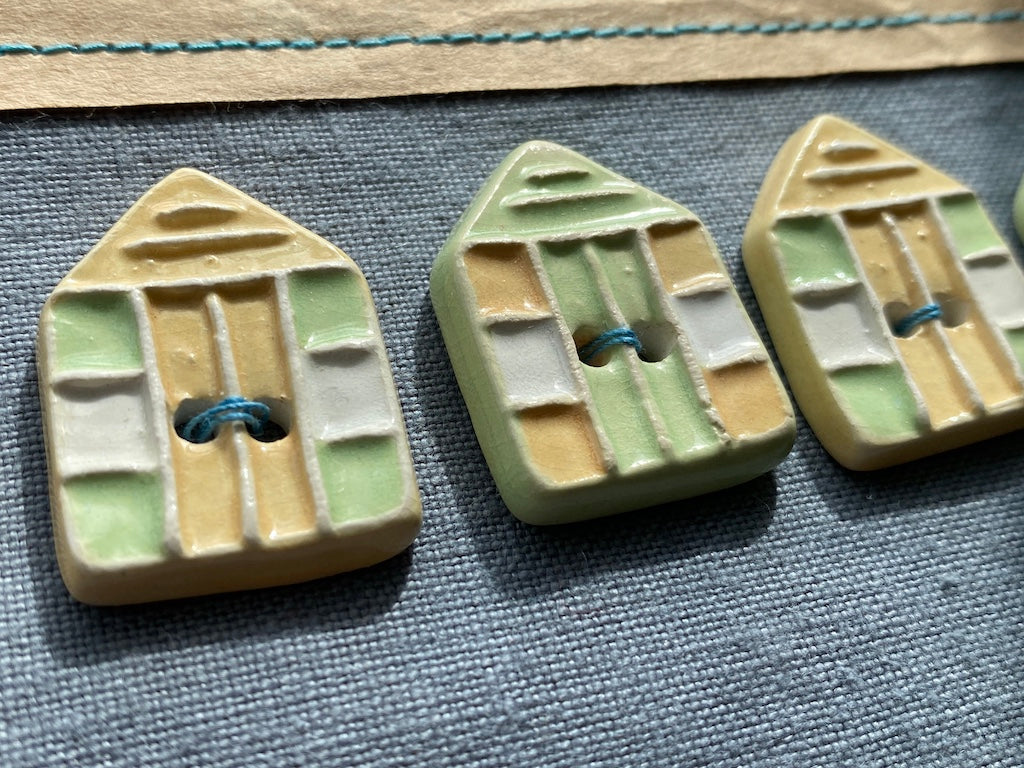 Set of 4, 30mm Handmade Pottery Beach Hut Buttons Mixed Pink and Blue