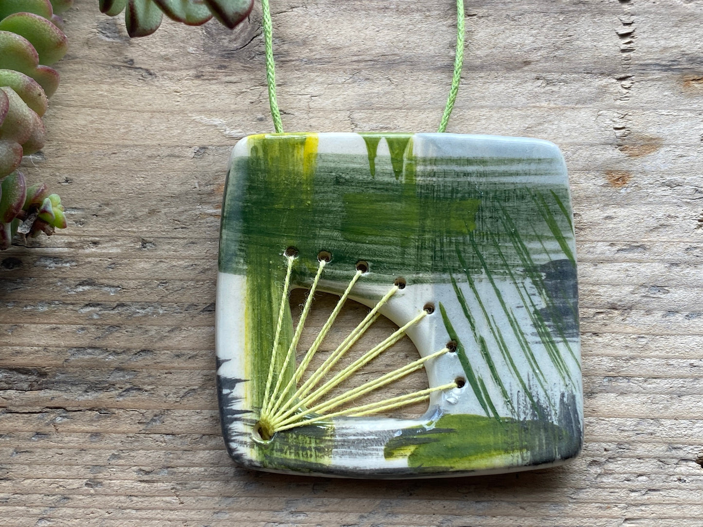 Handmade Ceramic Pendant Necklace - Fresh Spring Zesty Green, Unique Brushstroke Design, Gift-Ready Packaging