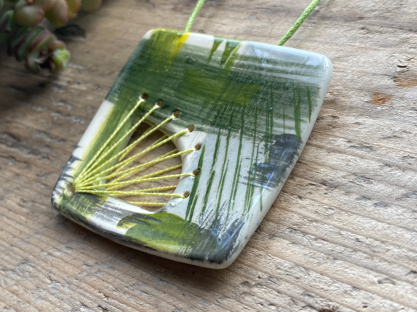 Handmade Ceramic Pendant Necklace - Fresh Spring Zesty Green, Unique Brushstroke Design, Gift-Ready Packaging