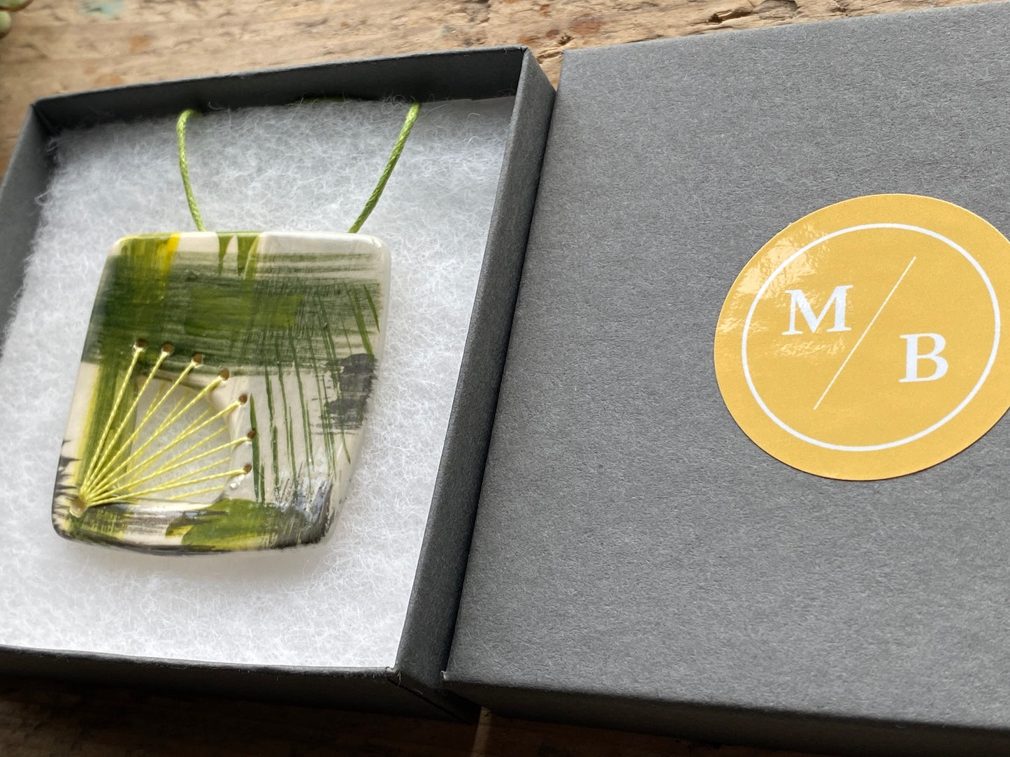 Handmade Ceramic Pendant Necklace - Fresh Spring Zesty Green, Unique Brushstroke Design, Gift-Ready Packaging