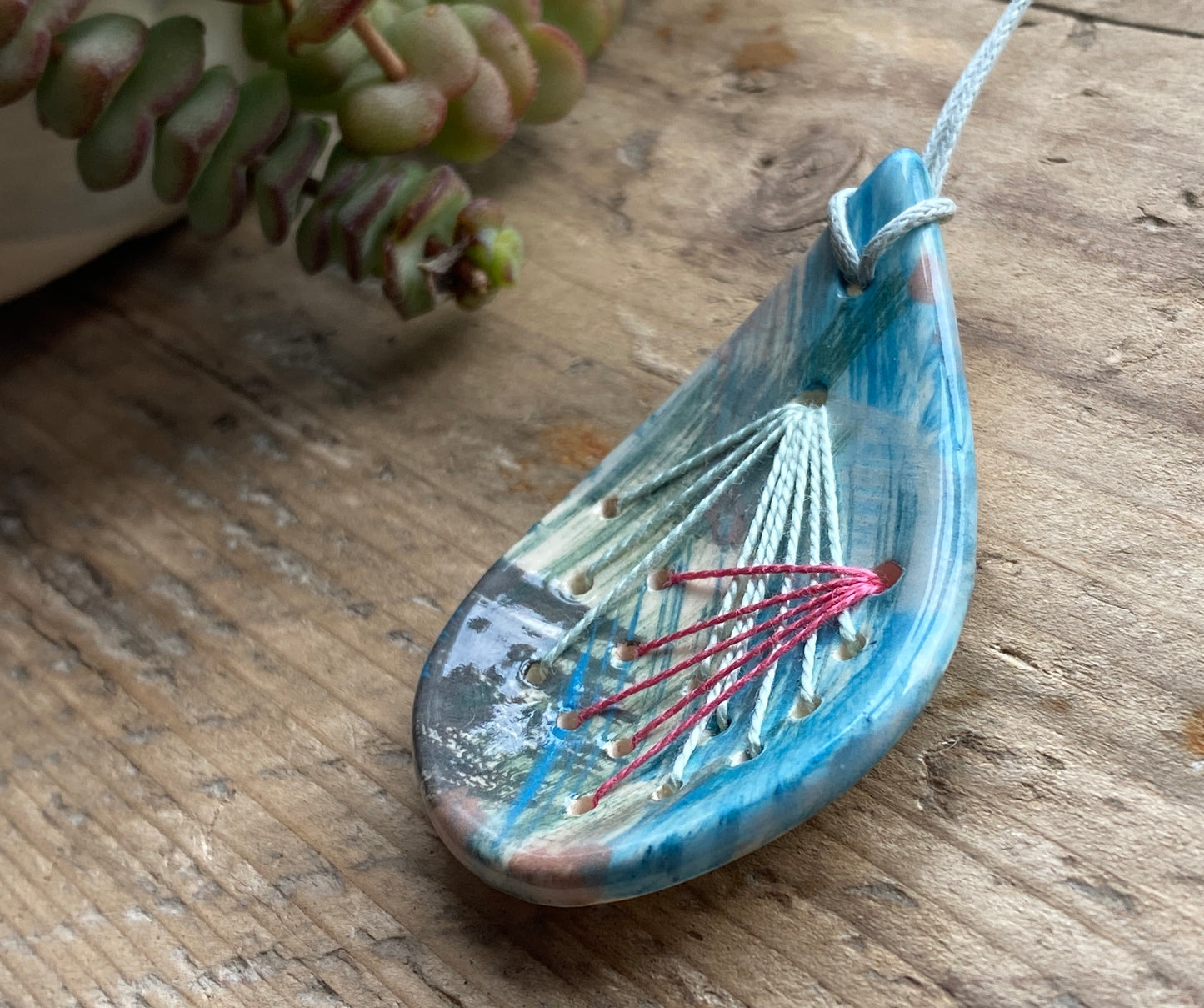 Handmade Ceramic Stitched Pendant, Blue & Pink *Sale