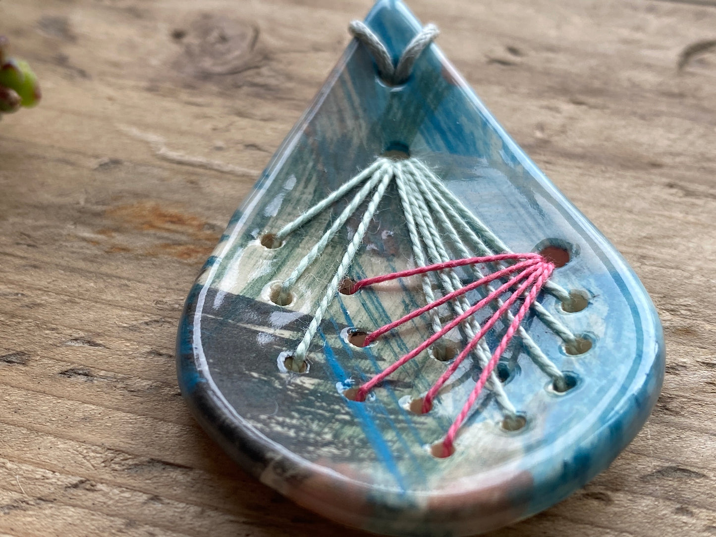 Handmade Ceramic Stitched Pendant, Blue & Pink *Sale
