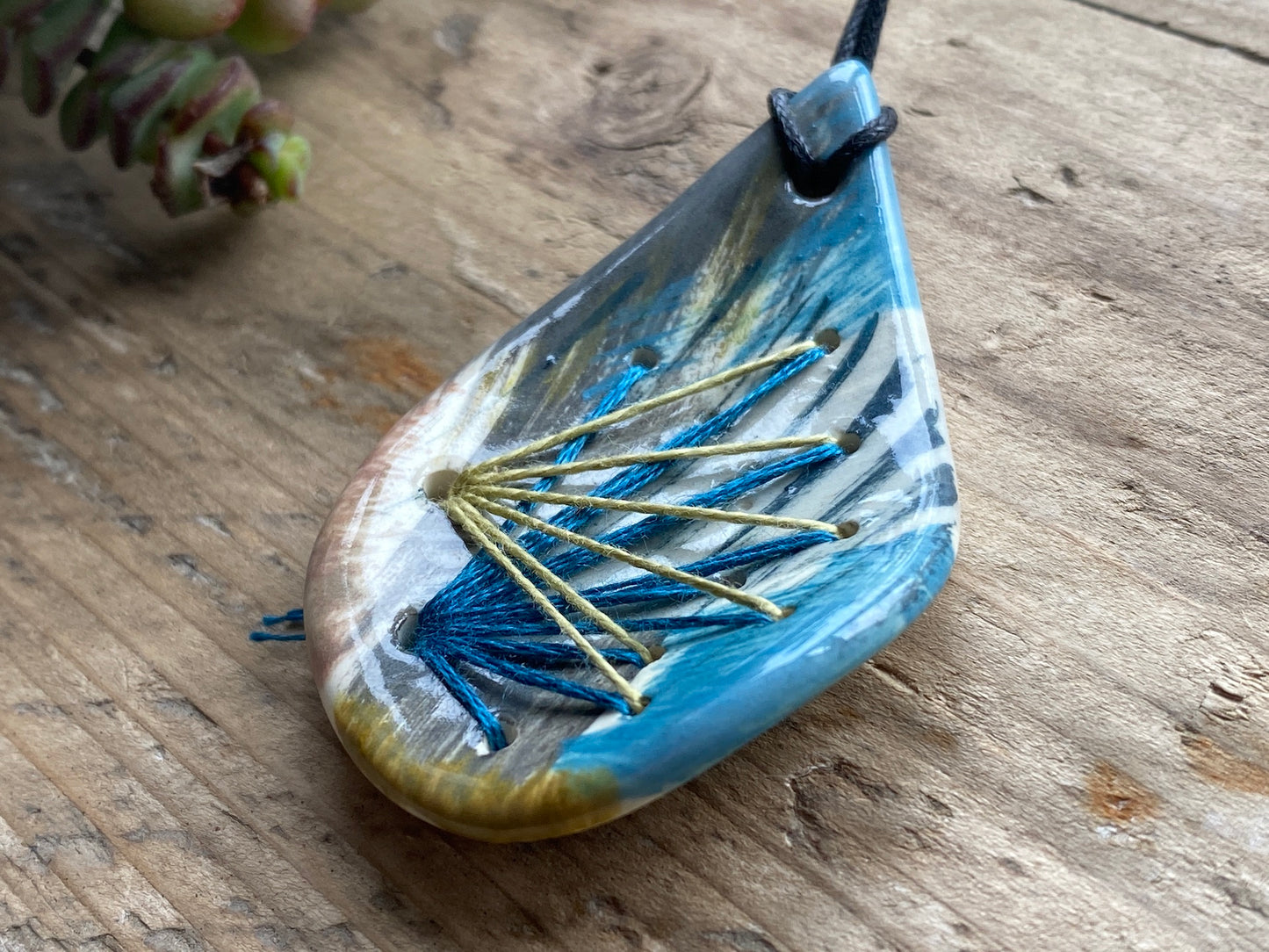 Handmade Ceramic Stitched Tear drop Statement Pendant *reduced